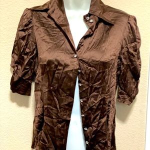 Bebe silk/brown-white /button up/!puffy sleeve/casual/professional/sexy cute